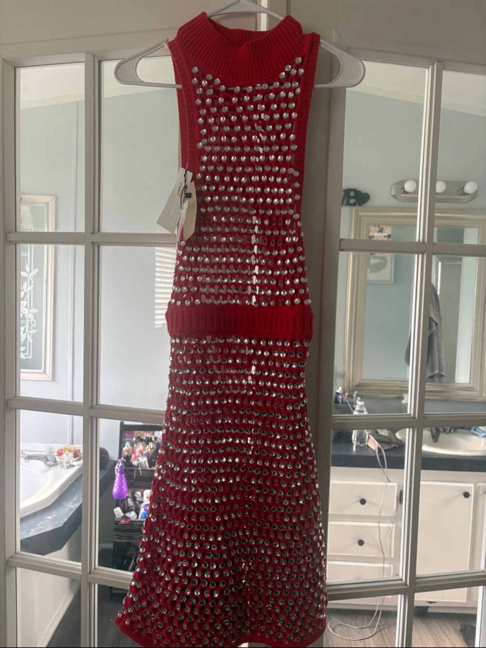 Red Sleeveless Mini Dress with Silver Stud Details